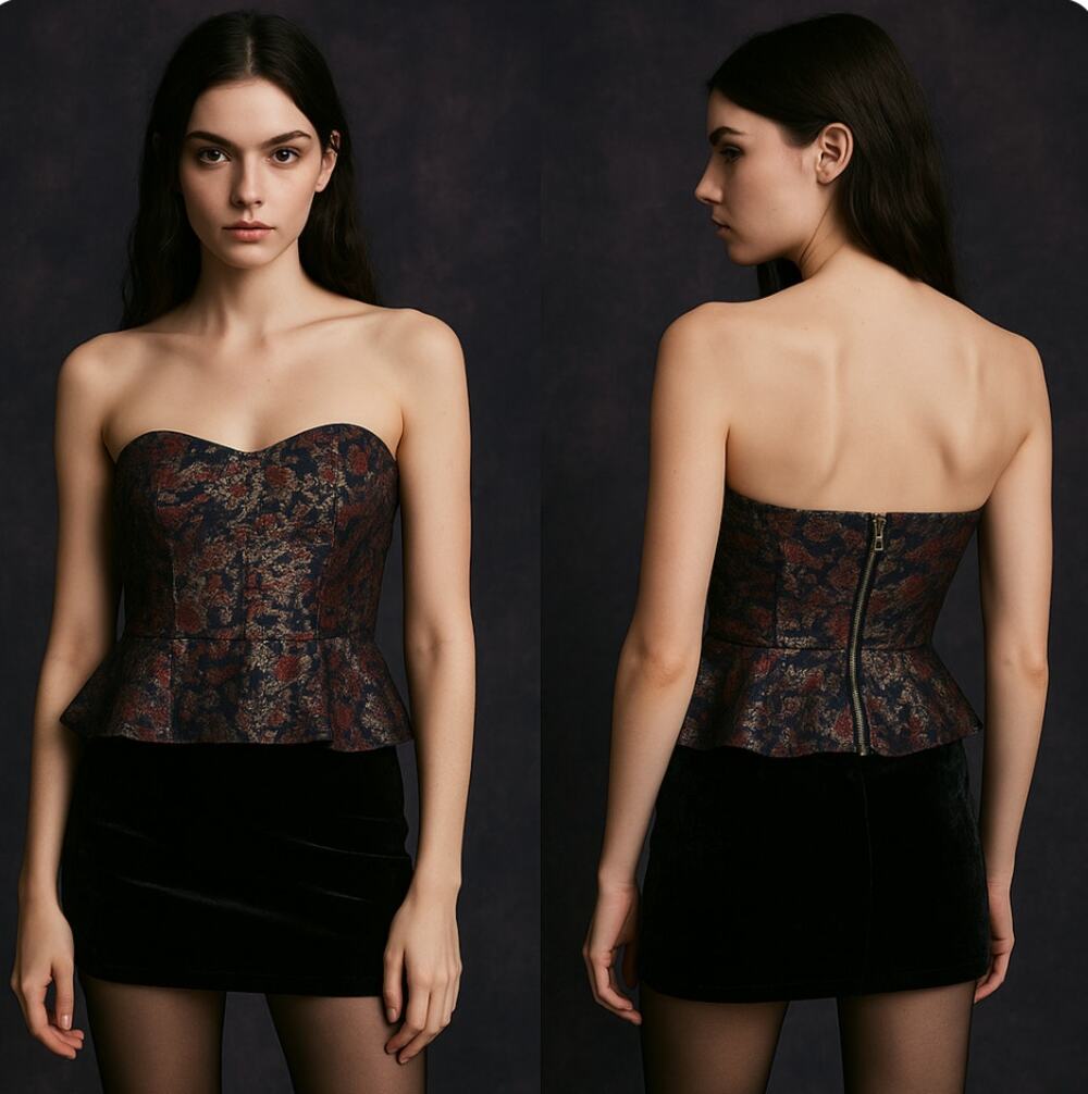 NSR Women Metallic Jacquard Strapless Peplum Top  Size S NWT Fairy Whimsygoth